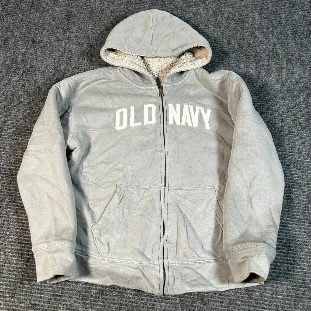 Old Navy Full Zip Hoodie Boys L 10-12 Gray Good Sherpa Lined Logo Sweatshirt